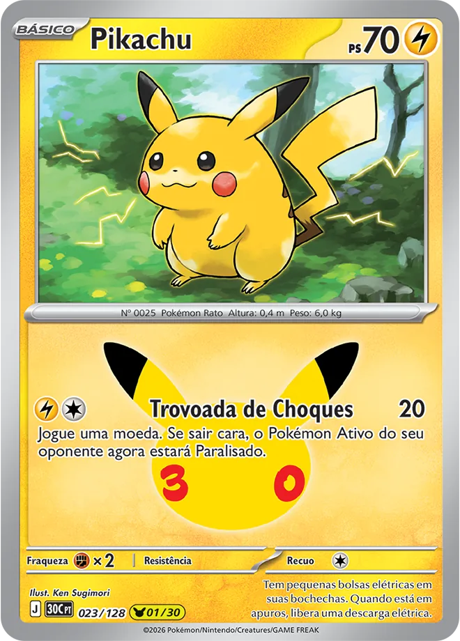 Pikachu da Celebração de 30 anos, ilustrado por Ken Sugimori