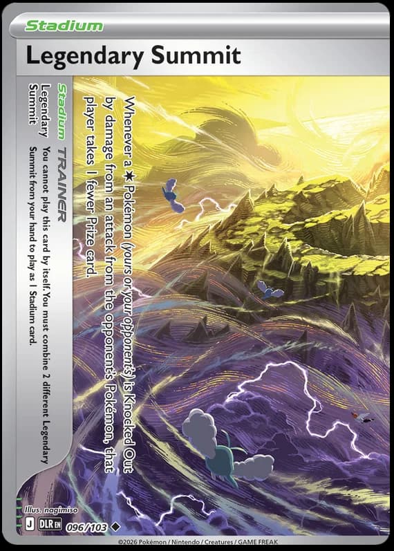 Legendary Summit 096/103: lado esquerdo da paisagem, com montanhas e raios sob um céu dourado