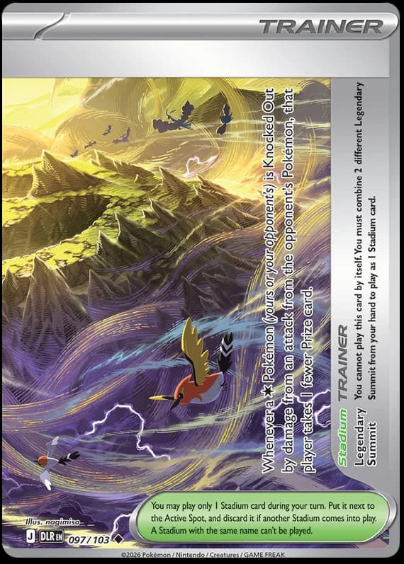 Legendary Summit 097/103: lado direito da mesma paisagem, com Pokémon atravessando o vale