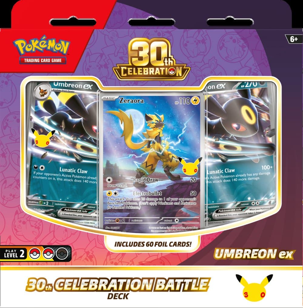 Baralho Batalha Umbreon ex da Celebração de 30 Anos, com Zeraora