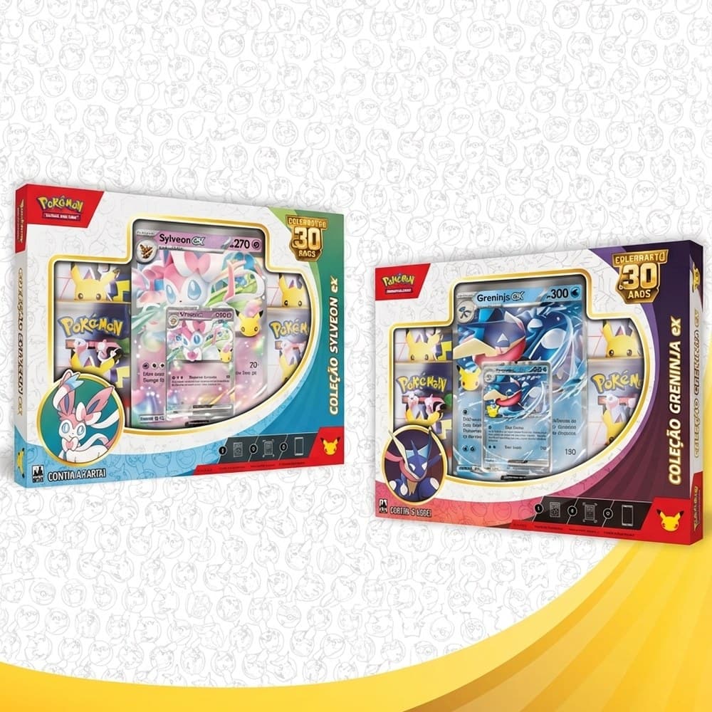 Capa da Coleção Pokémon ex de Celebração de 30 Anos com Sylveon ex e Greninja ex