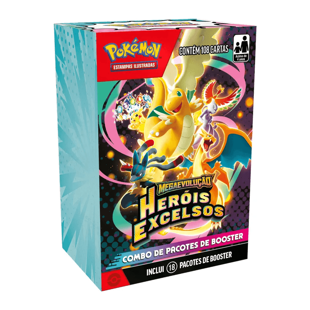 Mini box de Heróis Excelsos vista de três quartos, com Dragonite, Ho-Oh, Mewtwo e Charizard na frente