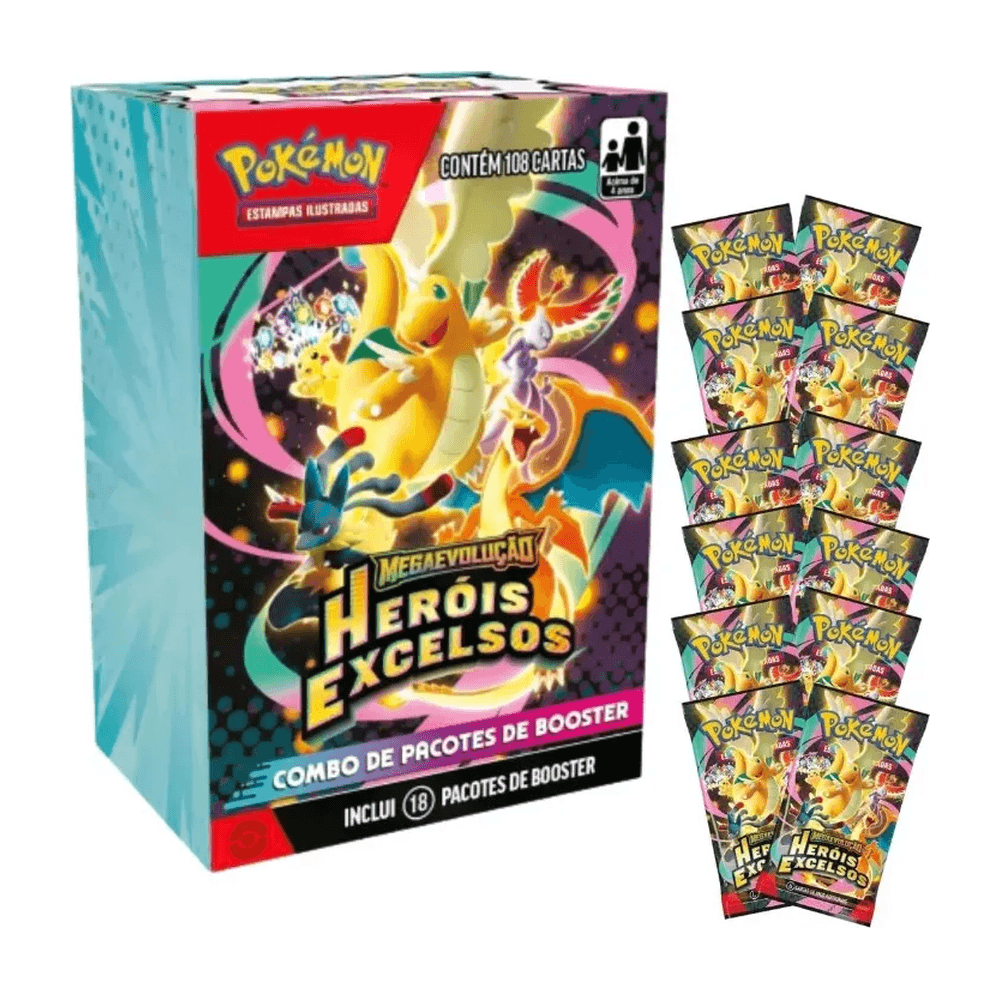 A mini box ao lado dos dezoito pacotes de booster que vêm dentro