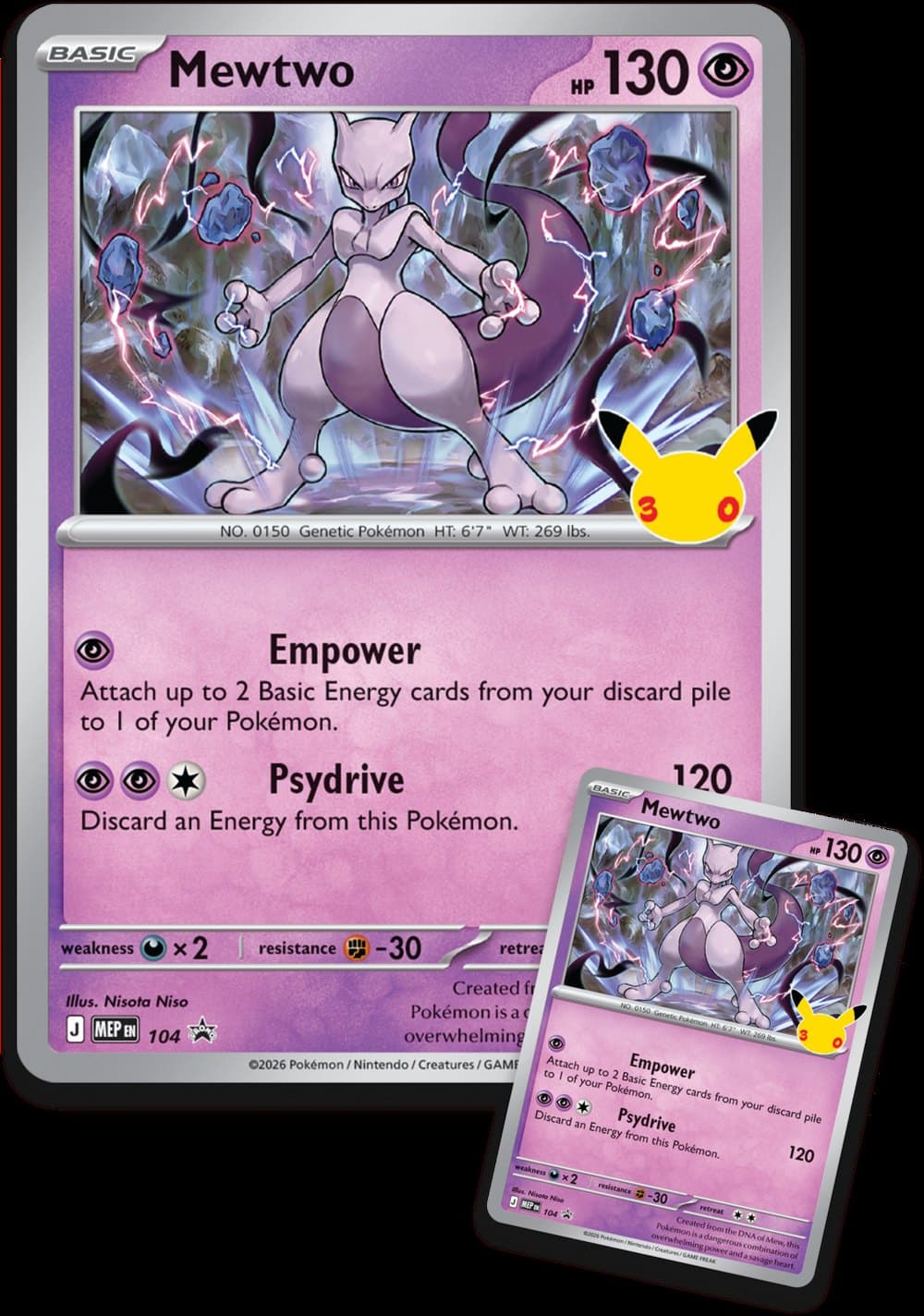 Cartas de Mewtwo em tamanho normal e extragrande