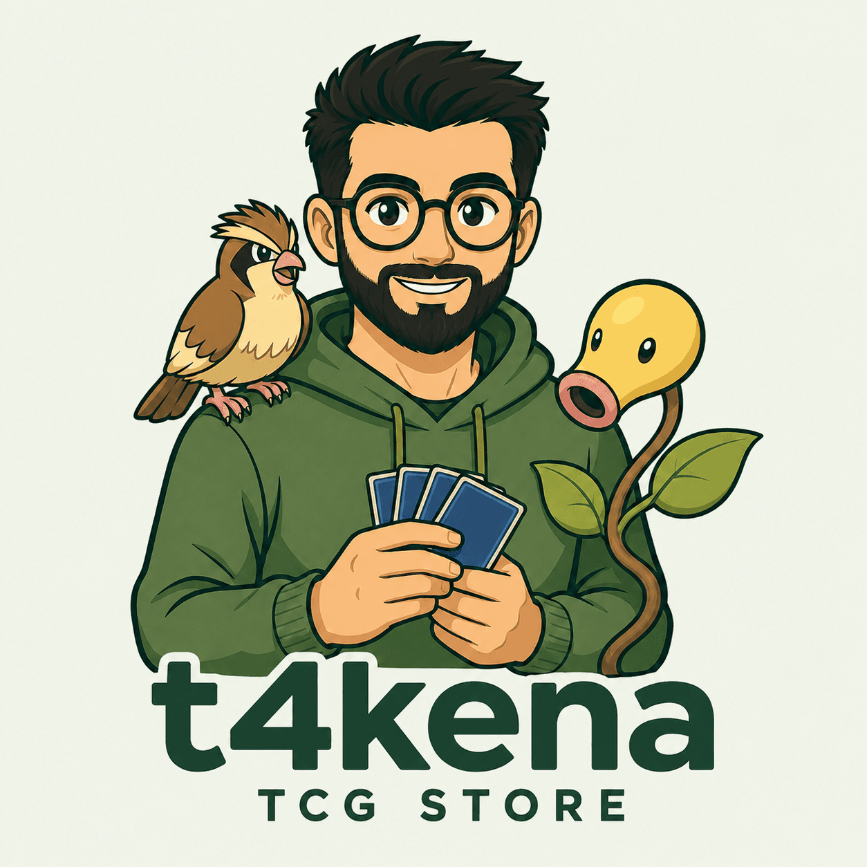 O boneco da t4kena de óculos e moletom verde, segurando cartas com seus companheiros Pokémon ao lado
