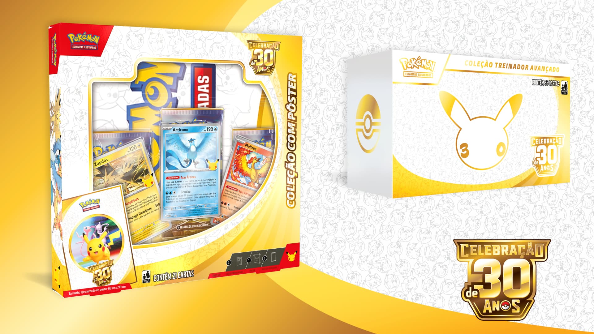 Coleção com Pôster e Coleção Treinador Avançado de Celebração de 30 anos — imagem oficial Pokémon