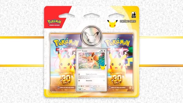 Blister com dois boosters de Celebração de 30 Anos, moeda e carta promocional de Eevee