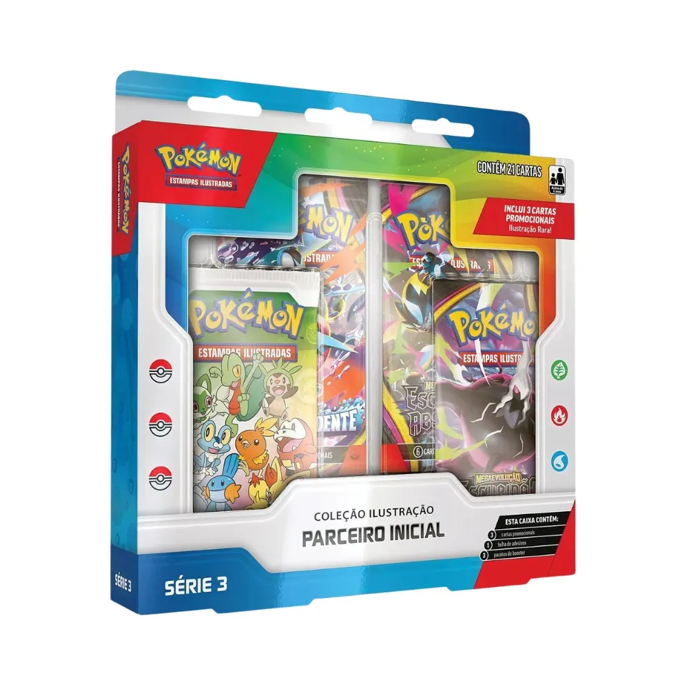 Coleção Parceiro Inicial Série 3 de Pokémon com três cartas promocionais, adesivos e boosters