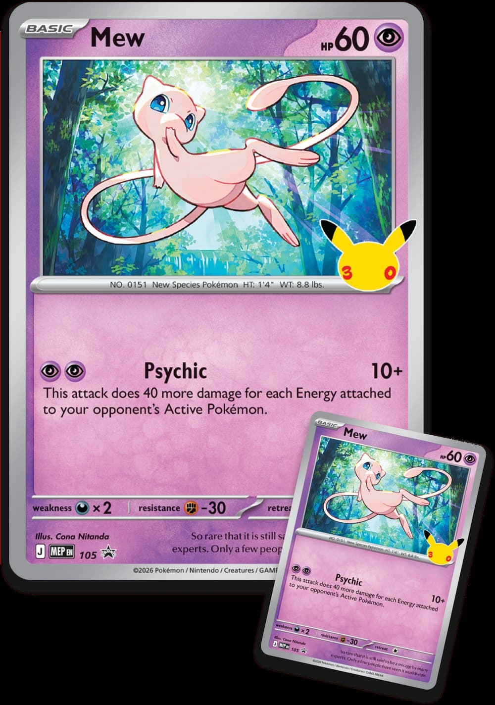 Cartas de Mew em tamanho normal e extragrande